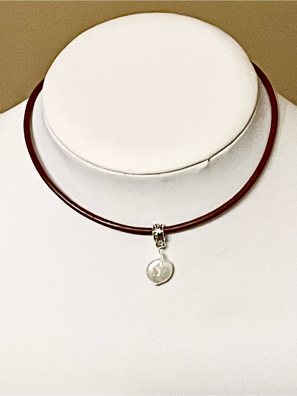 Brown Leather Choker Necklace with Silver Pearl Charm